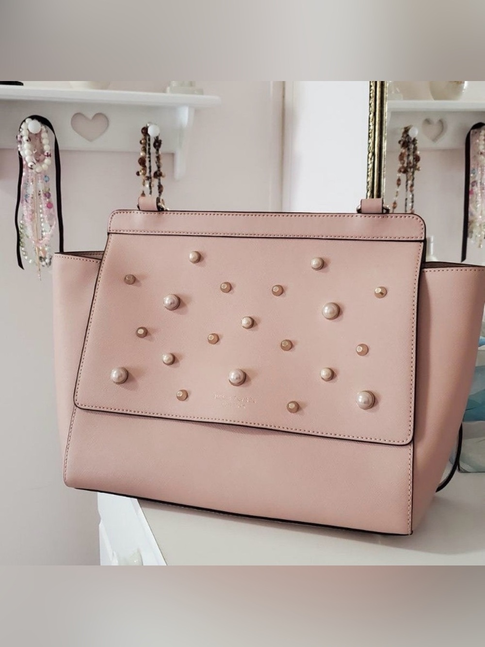 Henri Bendel West 57th Flap Satchel Pearl Gold Stud Rosewood Crossbody Strap